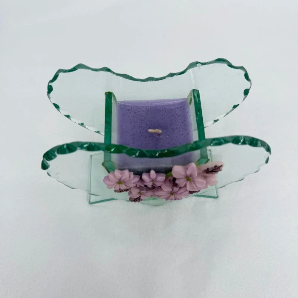 Giftco Heart Candle Beveled‎ Glass Holder Polystone Flowers Purple Decor Gift